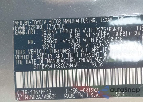 2008 Toyota Tundra Sr5 5.7L V8 z USA, uszkodzony, nr VIN 5TFBV541X8X079450